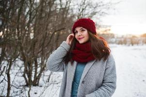 retrato de menina gentil com casaco cinza, chapéu vermelho e cachecol perto dos galhos de uma árvore coberta de neve. foto