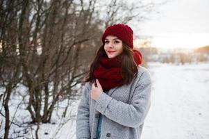 retrato de menina gentil com casaco cinza, chapéu vermelho e cachecol perto dos galhos de uma árvore coberta de neve. foto