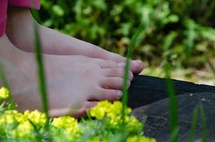 pés infantis de uma criança sem sapatos no verão na grama foto