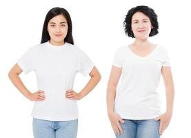 t-shirt de adolescente mulher asiática simulado tshirt de mulher de meia-idade, menina coreana em t-shirt vazio em branco isolado no espaço de cópia de fundo branco. vista frontal menina tshirt cópia espaço
