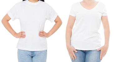 maquete de camiseta branca de mulher, conjunto de camiseta em branco vazio, menina no espaço de cópia de camiseta em branco, camiseta branca isolada em colagem de fundo branco ou conjunto foto