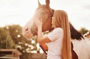 tempo ensolarado. mulher feliz com seu cavalo no rancho durante o dia foto