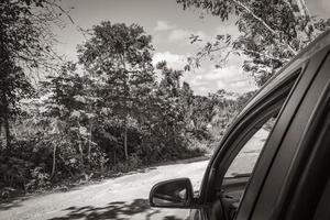 dirigindo na estrada de caminho de cascalho em tulum selva natureza méxico. foto