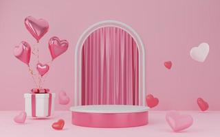 pódio de cilindro branco e rosa vazio com caixas de presente, balões de corações no fundo do arco e cortina. interior de dia dos namorados com pedestal. espaço de maquete para exibição de design de produto. renderização 3D. foto