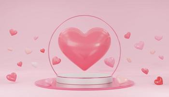pódio de cilindro branco vazio com borda rosa, balões de corações, círculo no arco e copie o fundo do espaço. interior de dia dos namorados com pedestal. espaço de maquete para exibição do produto. renderização 3D. foto