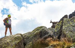 alpinista mulher pára para assistir um íbex foto