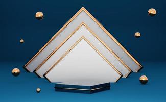 pódio vazio com formas geométricas em composição azul para exibição de palco moderno e maquete minimalista, fundo de vitrine abstrato, ilustração 3d do conceito ou renderização 3d foto