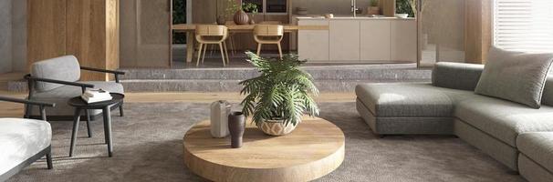 minimalismo moderno interior design escandinavo. estúdio luminoso, cozinha e sala de jantar.janelas panorâmicas, sofá modular grande e plantas verdes. renderização 3D. ilustração 3D. foto