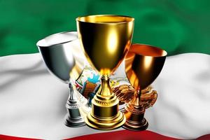 Ilustração 3D de uma taça de vencedores de ouro, prata e bronze no fundo da bandeira nacional do méxico. Visualização 3D de um prêmio por conquistas esportivas foto