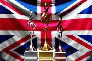 prêmios de clave de sol para ganhar o prêmio de música no contexto da bandeira nacional do reino unido, ilustração 3d. foto