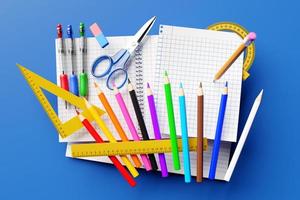 papelaria escolar. lápis de cor, canetas de tinta colorida, lápis comum com elástico vermelho, réguas, tesouras e folhas de caderno em branco sobre fundo branco. ilustração 3D.