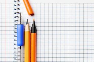 lápis azuis, canetas de tinta colorida e um lápis comum, um caderno escolar em uma gaiola. ilustração 3D. papelaria foto