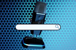 Ilustração 3D de um microfone prateado com uma barra de pesquisa de informações em um fundo azul. o conceito de comunicação via internet, redes sociais, bate-papo, vídeo, notícias, mensagens foto