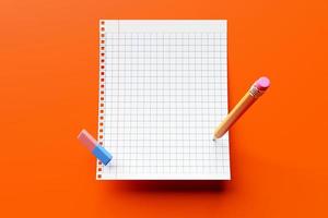 Ilustração 3D, um caderno escolar em uma gaiola e uma caneta em um fundo laranja. papelaria escolar. de volta à escola foto
