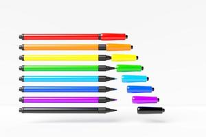 um conjunto de marcadores multicoloridos realistas com tampas em um fundo branco isolado, ilustração 3d. papelaria. iluminadores coloridos.