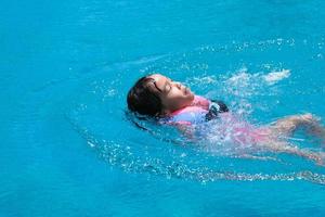 as meninas gostam de nadar na piscina. linda garota asiática vestindo um colete salva-vidas está se divertindo jogando na piscina ao ar livre. atividades de verão saudáveis para crianças.