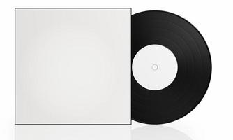 disco de vinil tampa branca em branco preta sobre um fundo branco há um reflexo no chão. um dispositivo para tocar música nos tempos antigos. renderização em 3D foto