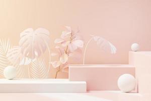 3D render de exibição de pódio de pedestal abstrato com folhas tropicais e cena de planta pastel rosa coral. conceito de produto e promoção para publicidade. fundo natural pastel azul. foto