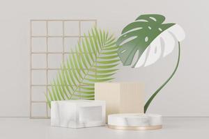 3D render de exibição de pódio de pedestal abstrato com folhas de monstera tropical. conceito de produto e promoção para publicidade. fundo natural verde. foto