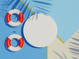 Vista superior de renderização 3D do quadro de cilindro em branco branco para simular e exibir produtos com sombras de folhas de palmeira com fundo de verão. foto