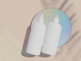 3d renderização de produtos cosméticos em branco para a pele ou embalagens para maquete. projeto do terraço. sabonete de beleza e conceito de spa. umidade do óleo de loção para a saúde da pele. design premium e de luxo para branding. foto