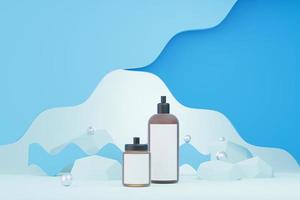 3d renderização de produtos cosméticos em branco para a pele ou embalagens para maquete. sabonete de beleza e conceito de spa. umidade do óleo de loção para a saúde da pele. design premium e de luxo para branding. foto