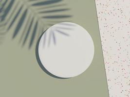 Vista superior de renderização 3D do quadro de cilindro em branco branco para simular e exibir produtos com sombras de folhas de palmeira, tom de terra e fundo de parede de terrazzo. conceito de ideia criativa. foto