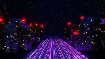 3d renderização de neon e luz brilhando na cena escura. conceito de cidade noturna cyber punk. vida noturna. rede de tecnologia para 5g. além de geração e cena futurista. tema padrão de ficção científica. foto