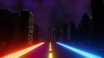 3d renderização do conceito de paisagem de cidade noturna cyber punk. luz brilhando na cena escura. vida noturna. rede de tecnologia para 5g. além da geração e futurista da capital da ficção científica e da cena do edifício. foto