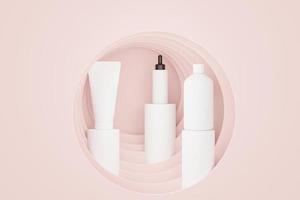 3d renderização de produtos cosméticos em branco para a pele ou embalagens para maquete. sabonete de beleza e conceito de spa. umidade do óleo de loção para a saúde da pele. design premium e de luxo para branding. foto