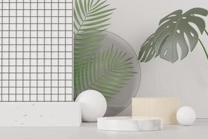 3D render de exibição de pódio de pedestal abstrato com folhas de monstera tropical. conceito de produto e promoção para publicidade. fundo natural verde. foto