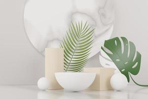 3D render de exibição de pódio de pedestal abstrato com folhas de monstera tropical. conceito de produto e promoção para publicidade. fundo natural verde. foto