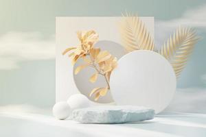 3D render de exibição de pódio de pedestal abstrato com folhas tropicais e nuvens de céu azul pastel e cena de planta. conceito de produto e promoção para publicidade. fundo natural pastel azul. foto