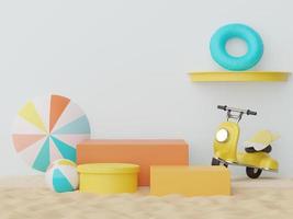 Suporte de pódio 3D para apresentação de produtos com conceito de verão. plataforma de pedestal para publicidade de cosméticos. férias de verão mínimas. foto