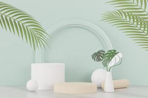 3D render de exibição de pódio de pedestal abstrato com folhas de monstera tropical. conceito de produto e promoção para publicidade. fundo natural verde. foto