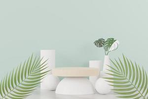 3D render de exibição de pódio de pedestal abstrato com folhas de monstera tropical. conceito de produto e promoção para publicidade. fundo natural verde. foto