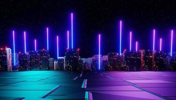 3d renderização de neon e luz brilhando na cena escura. conceito de cidade noturna cyber punk. vida noturna. rede de tecnologia para 5g. além de geração e cena futurista. tema padrão de ficção científica. foto