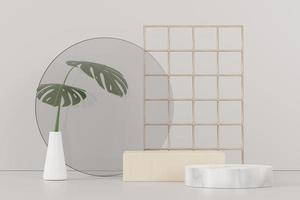 3D render de exibição de pódio de pedestal abstrato com folhas de monstera tropical. conceito de produto e promoção para publicidade. fundo natural verde. foto