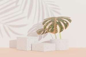 3D render de exibição de pódio de pedestal abstrato com folhas de terrazzo e monstera. conceito de produto e promoção para publicidade. fundo natural verde. foto