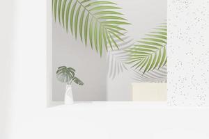 3D render de exibição de pódio de pedestal abstrato com folhas de monstera tropical. conceito de produto e promoção para publicidade. fundo natural verde. foto