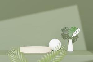 3D render de exibição de pódio de pedestal abstrato com folhas de monstera tropical. conceito de produto e promoção para publicidade. fundo natural verde. foto