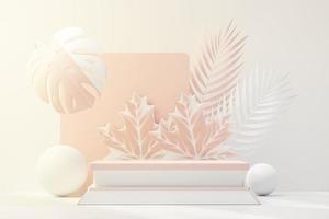 3D render de exibição de pódio de pedestal abstrato com folhas tropicais e cena de planta pastel rosa coral. conceito de produto e promoção para publicidade. fundo natural pastel azul. foto