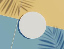 3d renderização vista superior do quadro de cilindro em branco branco para simular e exibir produtos com sombras de folhas de palmeira e fundo azul branco. foto