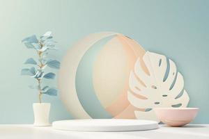 3D render de exibição de pódio de pedestal abstrato com folhas tropicais e cena de planta azul pastel. conceito de produto e promoção para publicidade. fundo natural pastel azul. foto