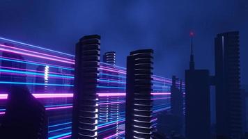 3d renderização do conceito de paisagem de cidade de noite cibernética. luz brilhando na cena escura. vida noturna. rede de tecnologia para 5g. além da geração e futurista da capital da ficção científica e da cena do edifício.