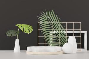 3D render de exibição de pódio de pedestal abstrato com folhas de monstera tropical. conceito de produto e promoção para publicidade. fundo natural verde. foto