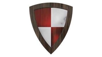 escudo madeira medieval vermelho branco ilustração 3d render foto