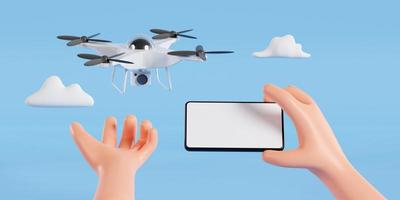 o drone sendo lançado com a mão segurando o controlador, conceito de decolagem do drone. renderização em 3D foto