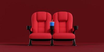 casal de assentos de cinema fica no tapete vermelho. compre o conceito de bilhete de cinema, noite de cinema. renderização 3D. foto