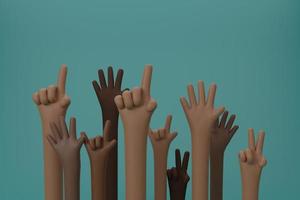 mãos levantadas de cor de pele de raça diferente, mês da história negra, pele morena, ativismo de discriminação de preconceito, afro-americano, pessoas de cor. conceito de diversidade. ilustração de renderização 3D. foto